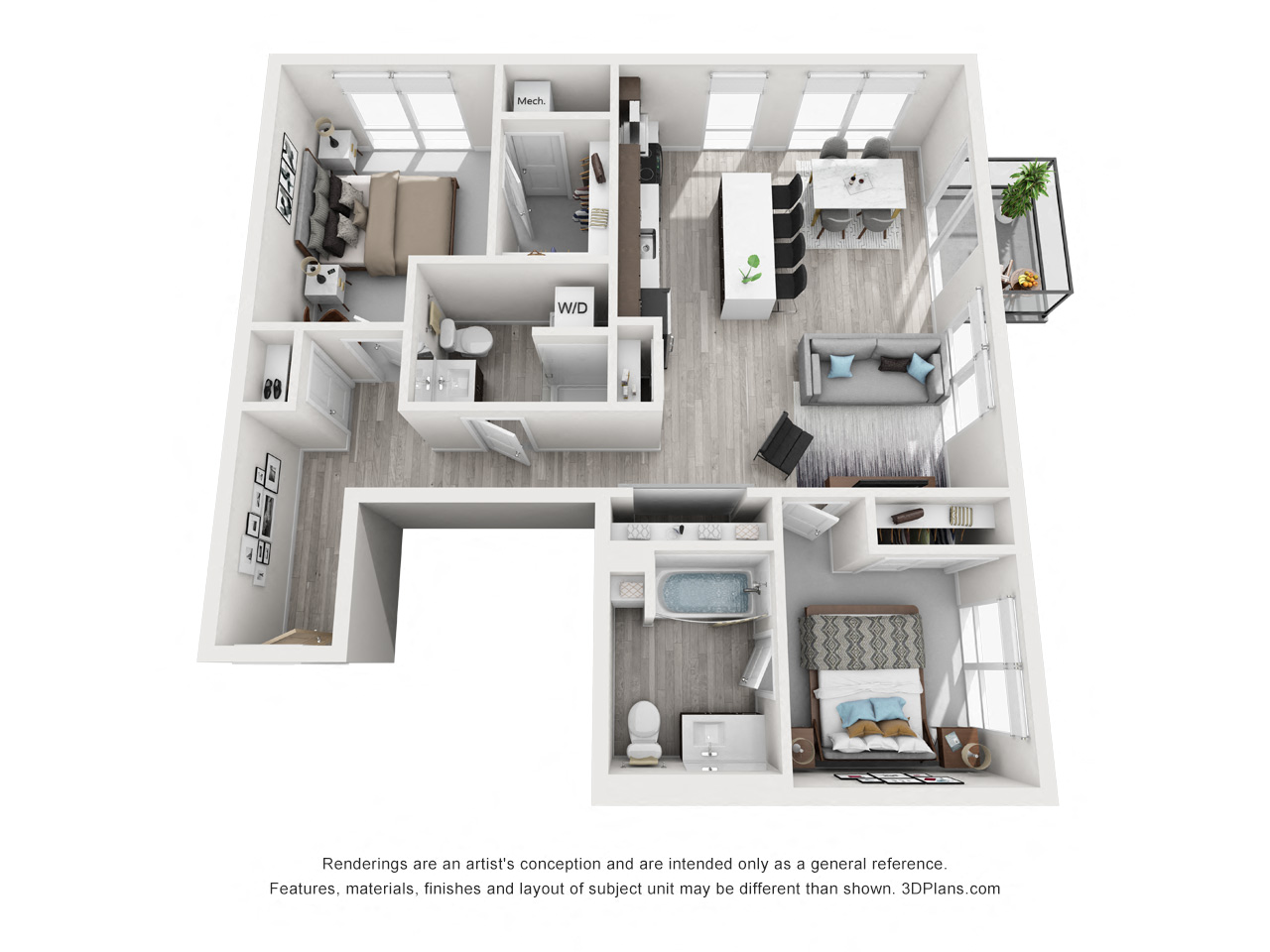 Floor plan for 2 beds, 2 baths, 1050 sqft
